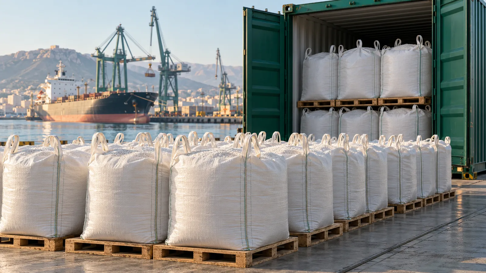 Big-bags being loaded into a shipping container at the port